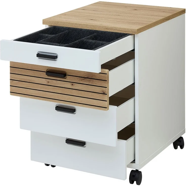 Rollcontainer Glenn, Holzwerkstoff, Weiß, Holzfarben, 45 x 66 x 55 cm – Bild 4