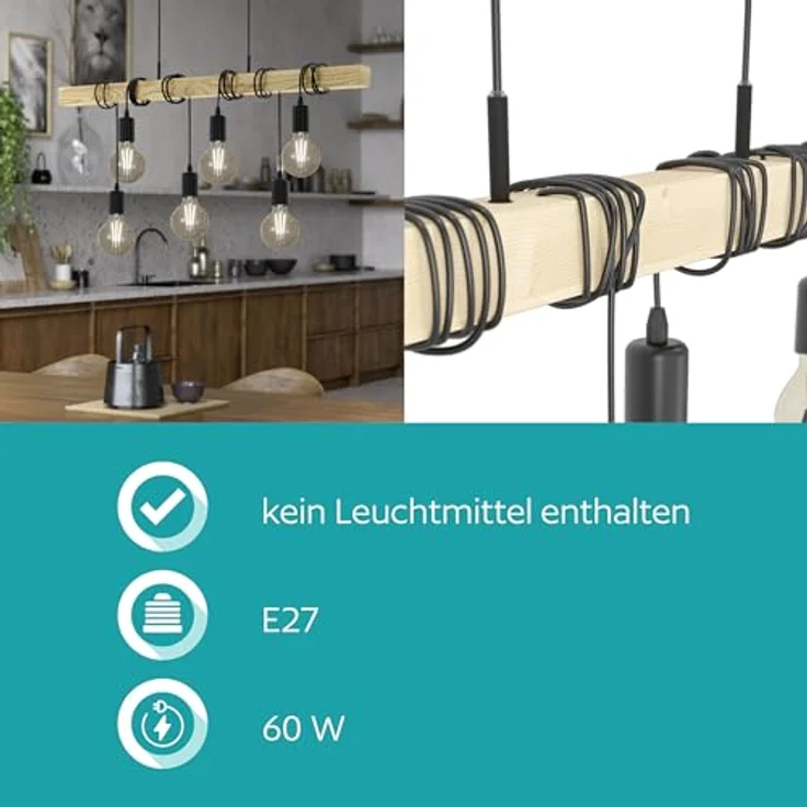 Eglo 95499 Pendelleuchte Townshend Stahl schwarz, Holz braun E27 6X40W L:100cm H:110cm dimmbar – Bild 5