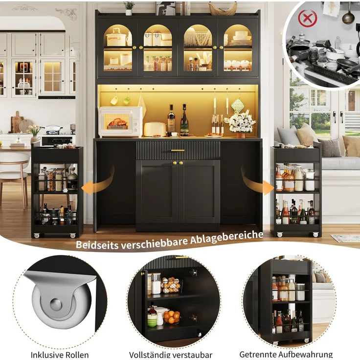 Hochküchenschrank 120cm mit RGB-LED, App-Steuerung, 3 Glasvitrinen, Schubkästen & beidseitigen Roll-Ablagen, Weiß/Schwarz – Bild 7