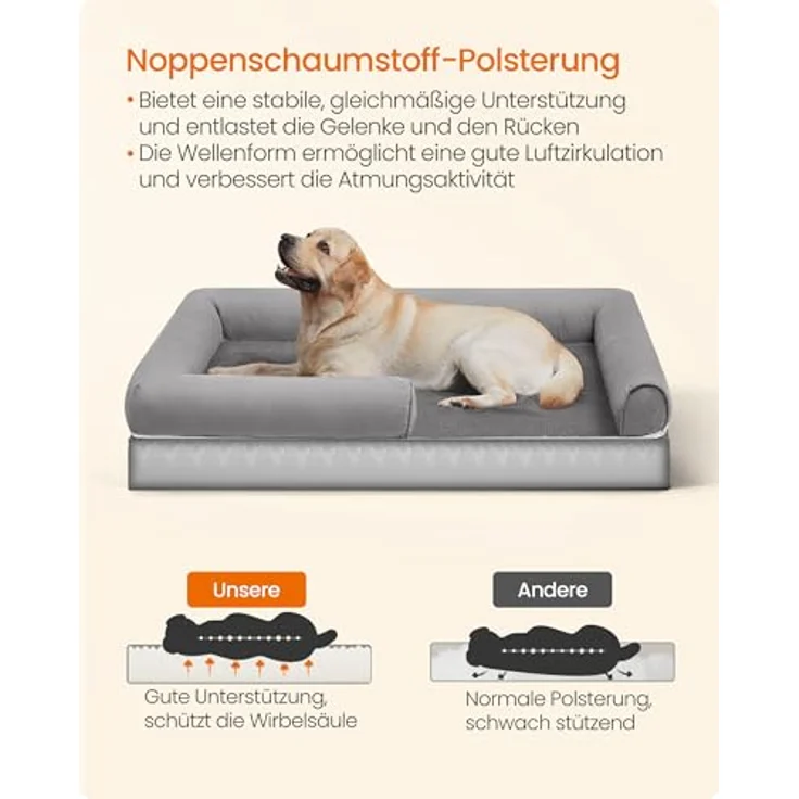 Feandrea Orthopädisches Hundebett, Hundekissen, Hundekorb, weiche Polsterung, Hundesofa, erhöhte Ränder, Bezug abnehmbar und waschbar, 135 x 107 x 25 cm, rutschfeste Unterseite, hellgrau PGW079G02 – Bild 4