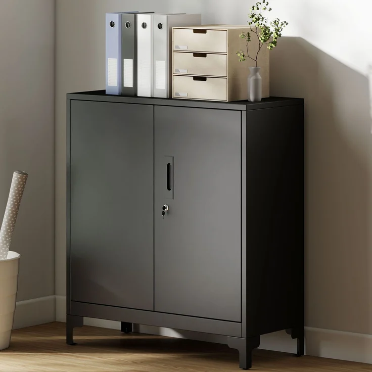 Büroschrank aus Metall, verschließbare Türen, Bürokommode, 2-stufiges Design, Schwarz--Schwarz--91x35x80cm--YOUDENOVA – Bild 3