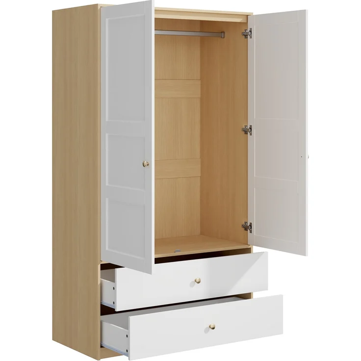 ZUBALIYA Doppeltüriger Kleiderschrank, 2-türiger Kleiderschrank, mit 2 Schubladen und Kleiderstange, Schlafzimmermöbel, Garderobenschrank, Kleiderschrank mit Kleiderstange, 100 x 48 x 180 cm,Weiß und Holzoptik – Bild 7