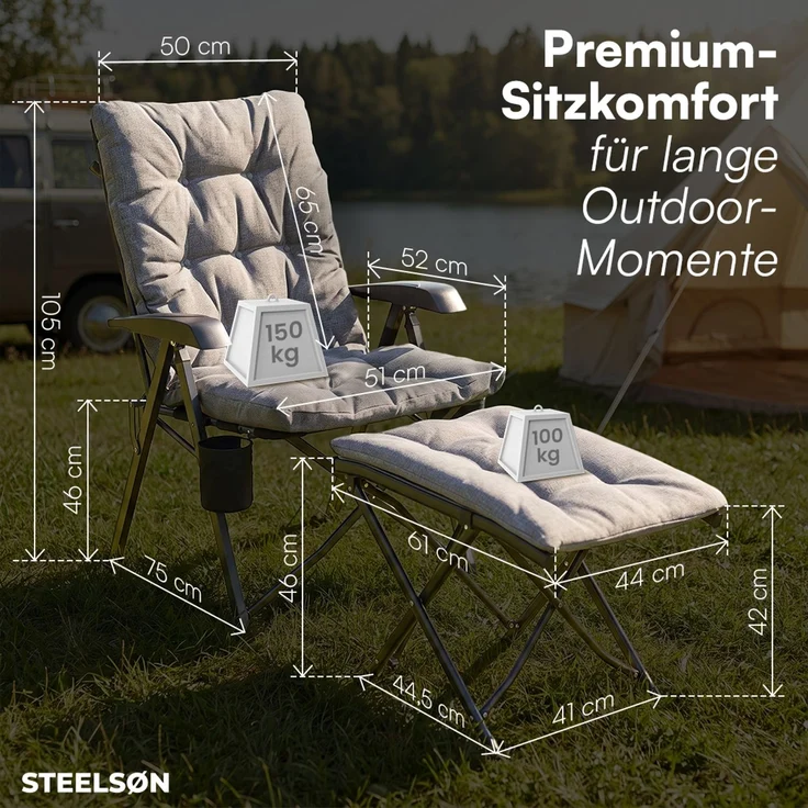 STEELSØN 'Hoggar' Set aus Campingstuhl mit Seitentasche & Getränkehalter und Hocker, faltbar, grau, gepolsterter Campingstuhl, bis 150 kg – Bild 9