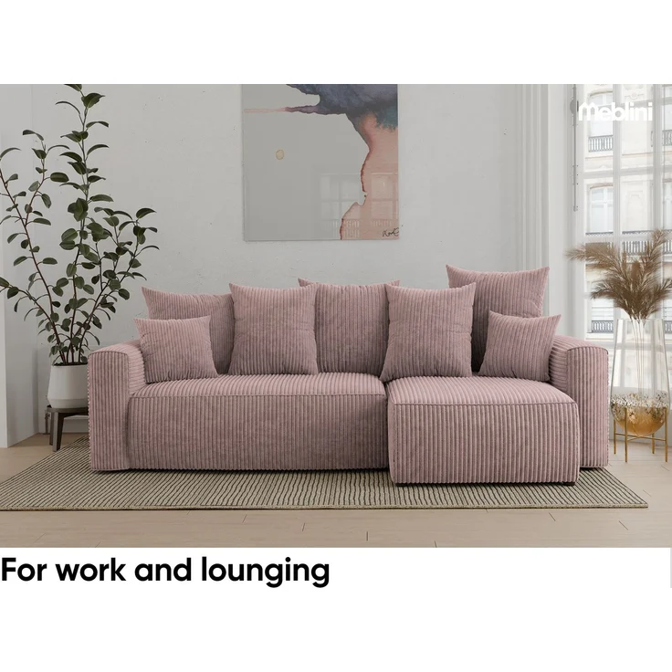 MEBLINI Schlafcouch mit Bettkasten - 238x142x73cm - Altrosa Cordstoff - DAVE - Kleines Ecksofa mit Schlaffunktion - Sofa mit Relaxfunktion und Kissen - Kleine Couch L-Form - Eckcouch – Bild 3
