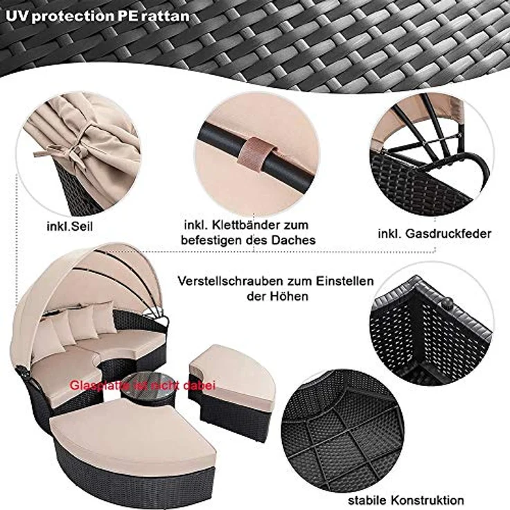 Melko Gartenlounge-Set Polyrattan Sonneninsel Tisch & Kissen 180CM Strandkorb Set, (Stück), Wasserabweisend – Bild 4