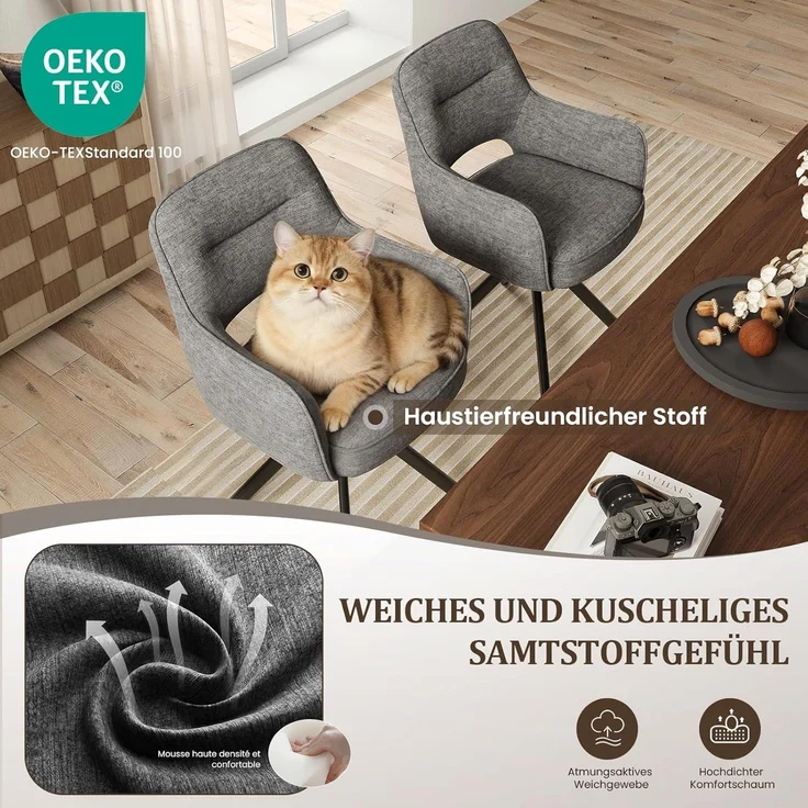 COLAMY Drehbare Esszimmerstühle 4er Set mit Armlehnen, Drehbare Polsterstühle für Küche & Esszimmer aus weichem Florstoff mit Metallgestell und Rückenlehne, für Esszimmer, Küche, Büro,Grau – Bild 5