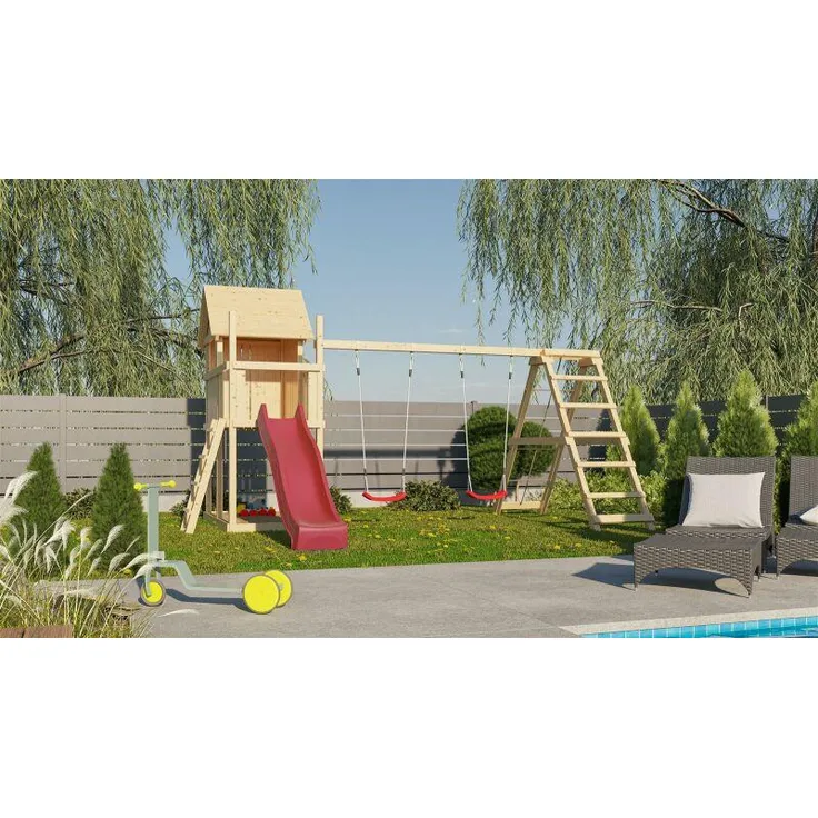 Karibu Kinderspielhaus Frieda Set Aktion2 naturbelassen mit Anbau, Doppelschaukel, Klettergerüst und Rutsche rot