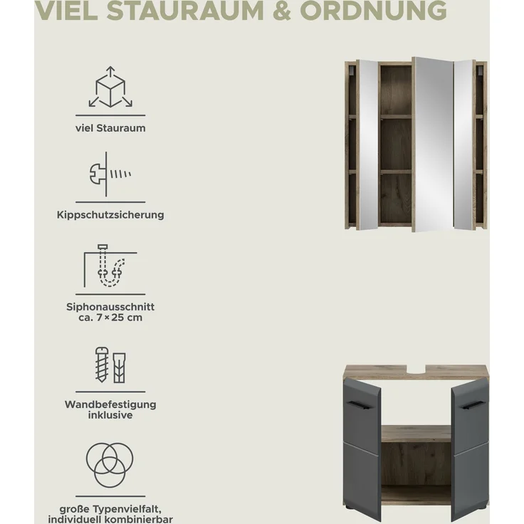 Badkombination (B/H/T: 60x185x30 cm) in schwarz matt und Nox Oak Nachbildung – Bild 9