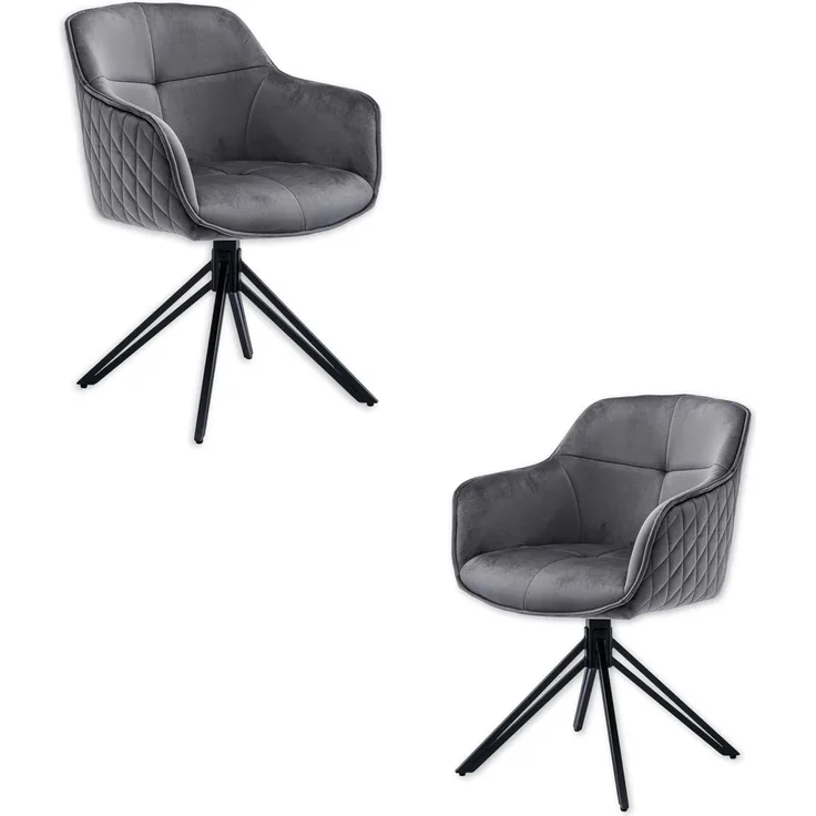 EMMA Esszimmerstühle 2er Set mit schwarzem Metallgestell, Grau - Bequeme Samt Stühle für Esszimmer & Wohnzimmer - 59 x 82 x 62 cm (B/H/T)