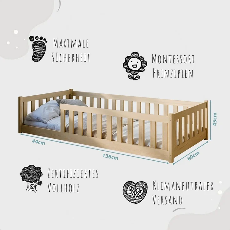 Kids Collective Kinderbett Bodenbett Bett mit Rausfallschutz & Lattenrost Montessori Bett Kinder (Jungen, Mädchen, Kinder, weitere Größen 80x160, 90x190, 90x200, 120x200, 140x200 cm), Jugendbett Gitterbett Einzelbett, Natur Kiefer 80x180 cm – Bild 3