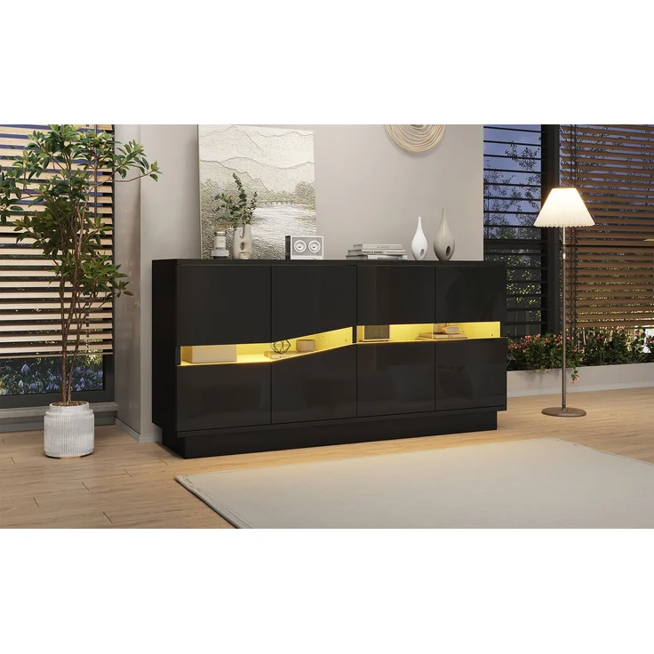 ZUBALIYA Sideboard 140x35x70 cm, mit LED-Beleuchtung, Hochglanz, mit 4 Türen, aus Spanplatte, Schwarz – Bild 24