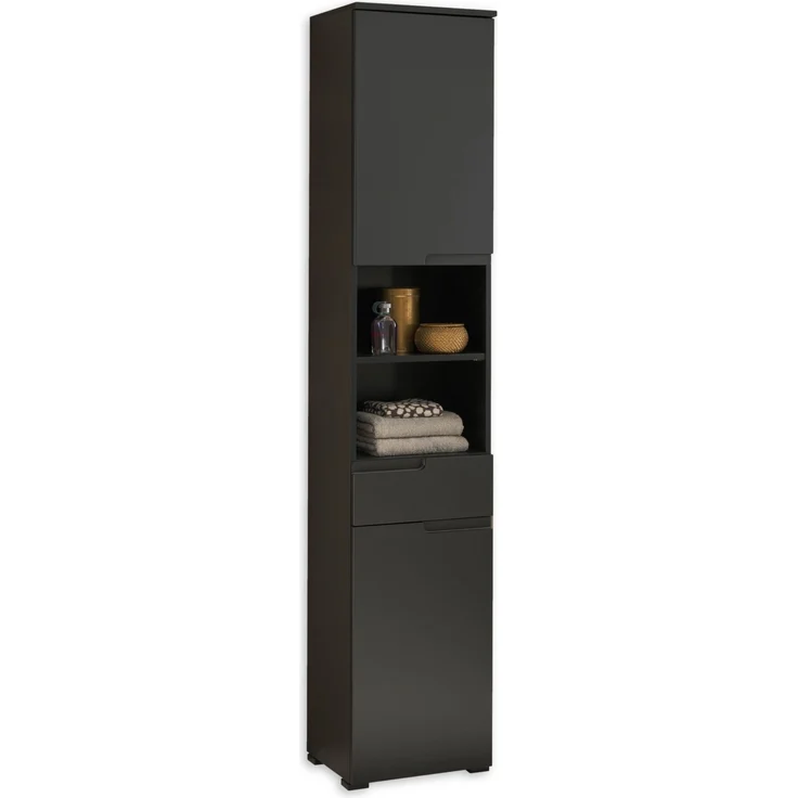 Badezimmer-Set "Spice" schwarz matt (5tlg.) mit Hochschrank, Waschbeckenunterschrank, Spiegelschrank, Kommode und Hängeschrank - 170 x 191 x 32 cm (B/H/T) – Bild 4