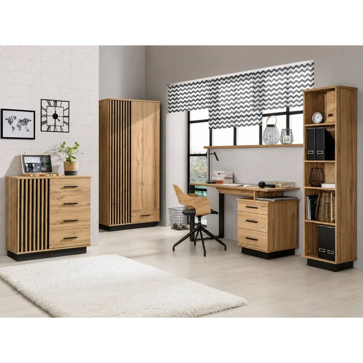 Beautysofa Jugendzimmer-Set LAMELO im modernen Loft-Stil, (Holzoptik mit schwarzen Details, Set 4-teilig: Kleiderschrank, Bücherregal, Schreibtisch und Kommode), Möbelset fürs Büro – Bild 1