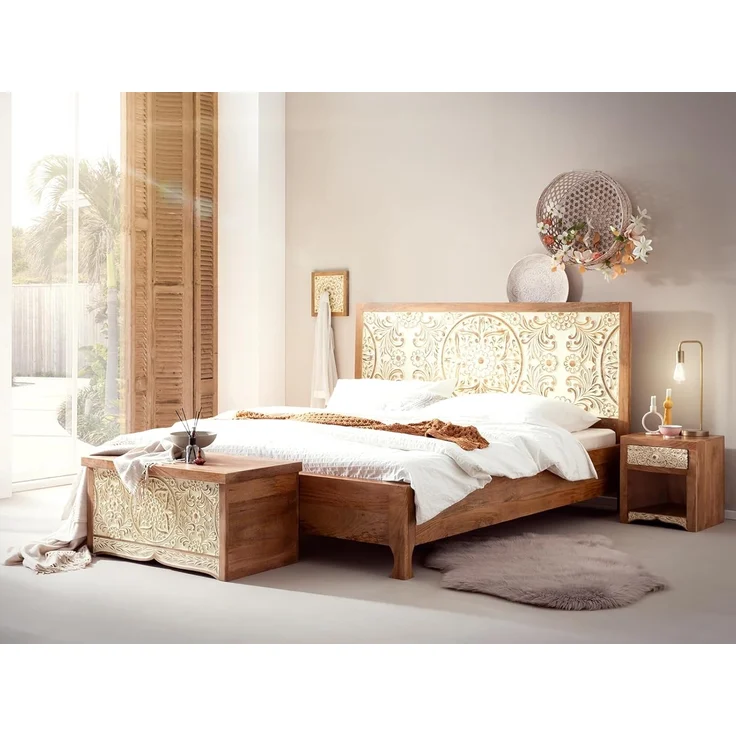 Hol Dir Style im Schlafzimmer: Delhi Nachttisch aus Mangoholz, 40x45x40cm - Schnitzkunst & Stauraum – Bild 2