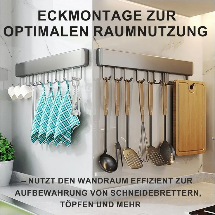 Mutig Hakenleiste Garderobenleiste 30/40/50cm,Küche Hängeleiste, 6/8/10 bewegliche Haken, (Küchenhalterung ohne bohren, Bohrfreie oder gebohrte Montage möglich, Haken aus Raumfahrt-Aluminium für Schlafzimmer Bad Küche-Silbergrau), Es ist ideal für glat...