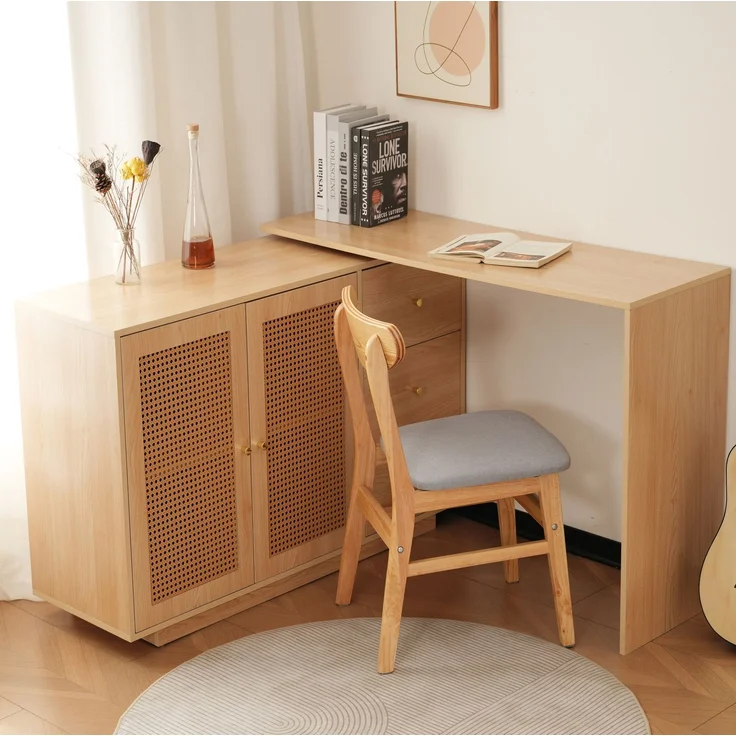 Schreibtisch aus MDF mit 360°-Schwenkfunktion und Stauraum, 126 cm, Naturholzfarben – Bild 1