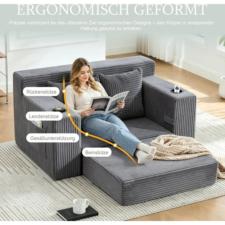 i@home 2-Sitzer Cordstoff Doppelsofa 133cm, 2-Sitzer Sofa ohne Montage, Relaxsofa, Set 1 Teile, rahmenloser Design mit Rückenlehne, großes Sitz,151 x 133 x 64 cm, grau – Bild 3
