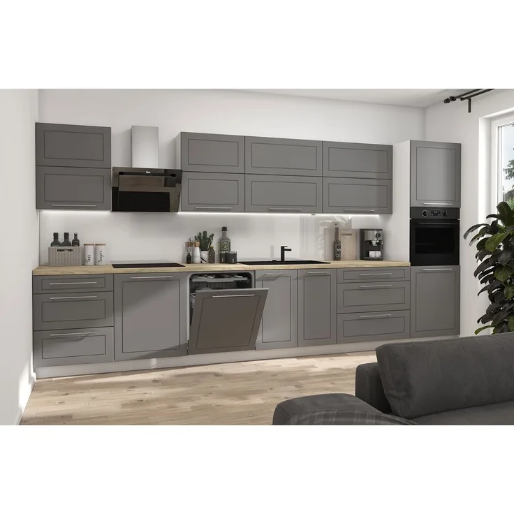 Küchenzeile KVANTUM Arbeitsplatte 400cm Hochfaltklappe weiß MDF dust grey matt REJS Vollauszug