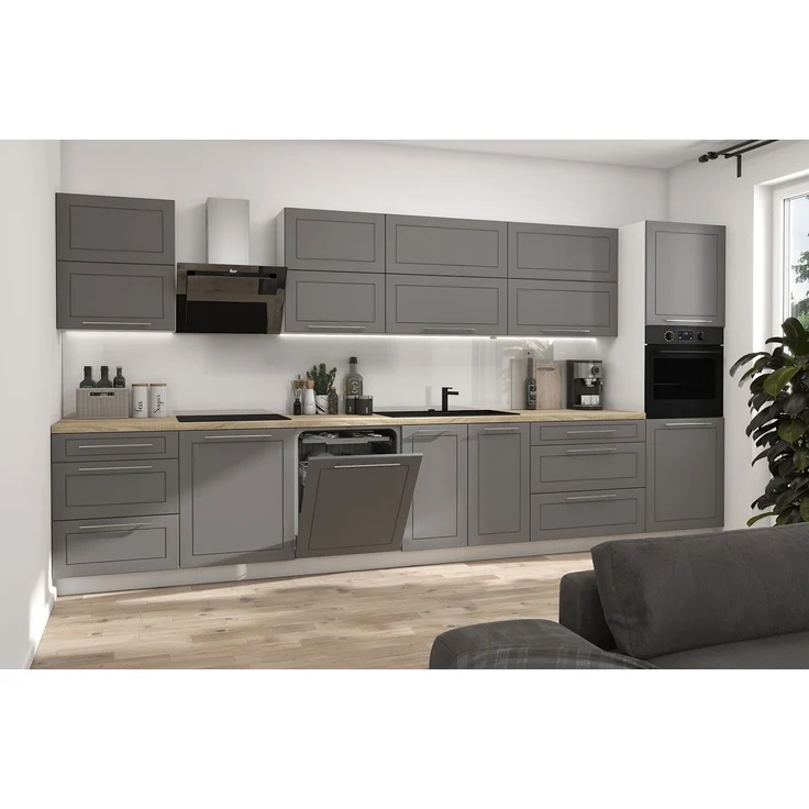 Küchenzeile KVANTUM Arbeitsplatte 400cm Hochfaltklappe weiß MDF dust grey matt REJS Vollauszug