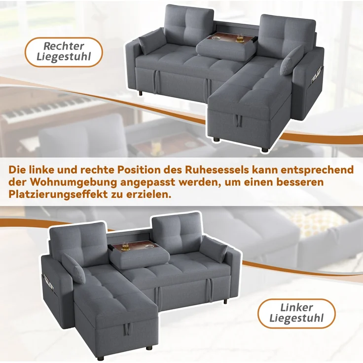 DESVIAE Schlafsofa L-Form mit Stauraum und Getränkehaltern 211x136x87 cm Leinenoptik Grau – Bild 6