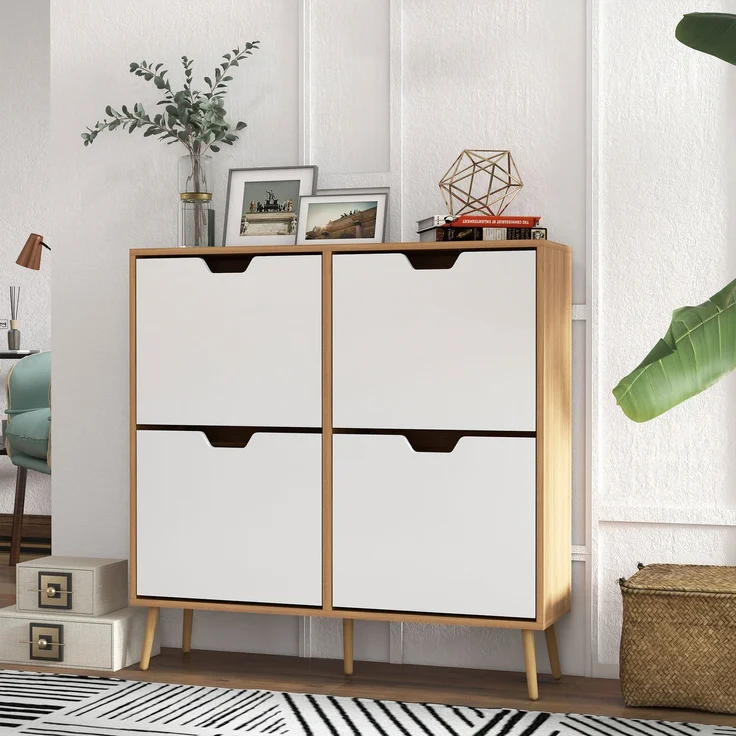 Schuhschrank mit 4 Klappen für 16 Paar Schuhe, mit verstellbarem Einlegeboden, Füße aus Kiefernholz, 95 x 26 x 95 cm, natur – Bild 4