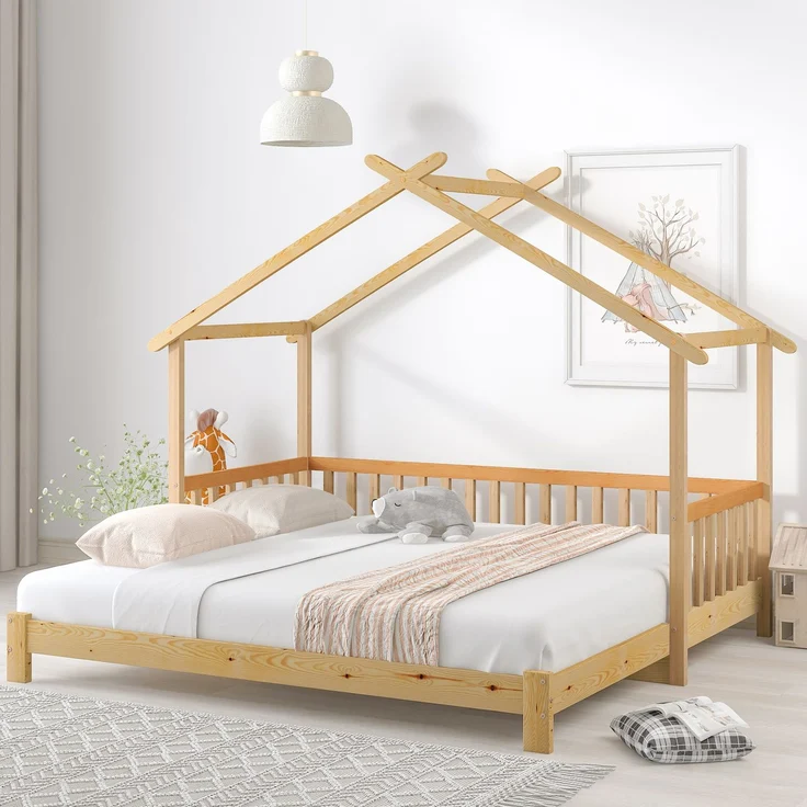 Erweiterbares Hausbett 208x182x170 ausziehbares Kinder- und Tagesbett, reines Massivholz (Kiefer), wandelbar als Einzel- und Doppelbett, natur – Bild 1