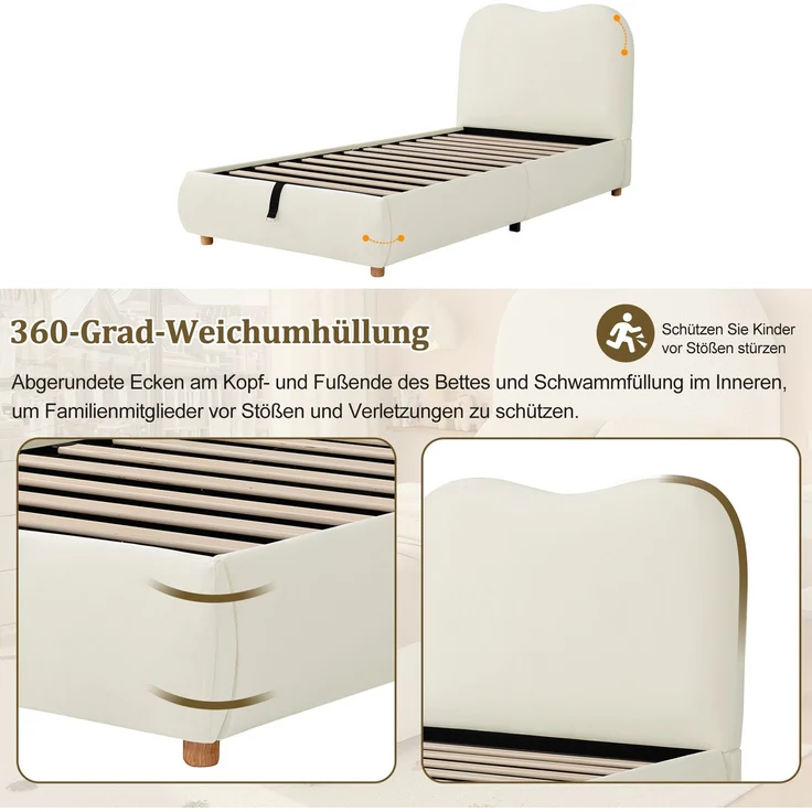 CHICFURN Polsterbett aus Samt Beige 90x200 cm mit hydraulischem Bettkasten und Lattenrost – Bild 5