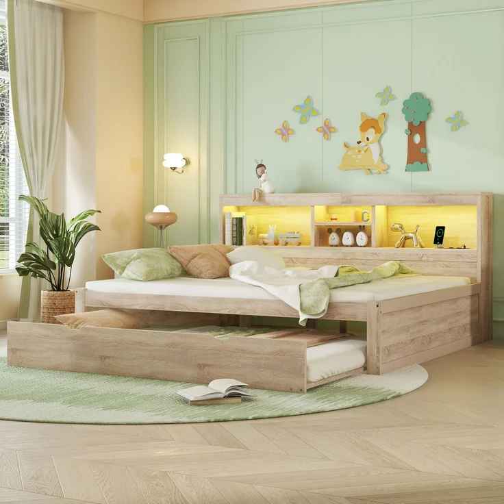 CHICFURN Bett aus Spanplatte und MDF Natur 140x200 cm mit Ausziehbett und LED-Beleuchtung – Bild 3
