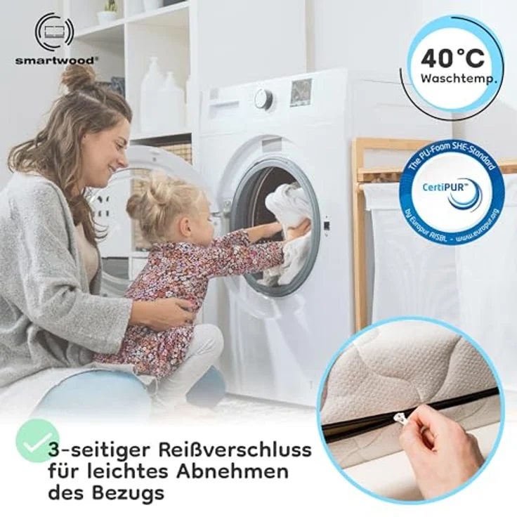smartwood Kindermatratze 60x120 12cm Matratze mit Bettlaken - H2 Schaumstoffmatratze Oeko-TEX-Zertifiziert - Wendbar - mit Waschbarem Antiallergischem Bezug – SmartComfort | Made in EU – Bild 5