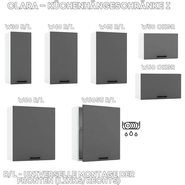 Küchenhängeschrank 60 cm - Graphit und Ashegrau - 1 Front - Eckküchenschrank - Modulküche - Soft-Close-System – Bild 2