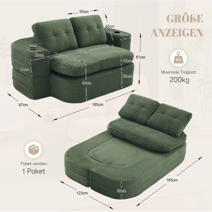 Schlafsessel 2-in-1 in Emerald 165cm×97cm×61cm aus Cord – extratiefe Sitzfläche, hohe Rückenlehne, Getränkehalter – Bild 2