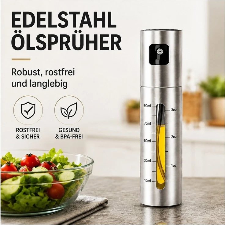 Fyrove Ölspender Küchensprüher, Essigsprüher für Kochen und Grillen, (2-tlg, Sprühspender, Gewürzsprayer für Salat, Backen und Heißluftfritteuse), 2 × 100 ml, Edelstahl, Messskala, feiner Nebel, 5-tlg. Zubehör – Bild 3