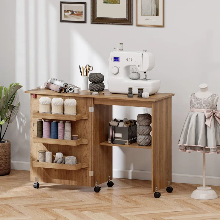 Wohnora-Klappbarer Nähtisch mit ausklappbarer Tischplatte, Aufbewahrungsboxen, offenem Regal und Rollen, braun,H 775cm x T 1170cm x B 400cm – Bild 4