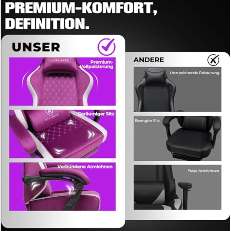 GTPLAYER Gaming Stuhl Ergonomischer, PC Stuhl Atmungsaktiver Stoff, Groß und Hoch Drehbarer Schreibtischstuhl mit Fußstütze,Verstellbare Lendenwirbelstütze und Kopfstütze,Lila – Bild 8