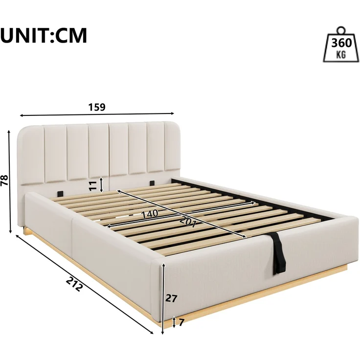 Polsterbett, Doppelbett, 140 x 200 cm, Bett mit Lattenrost, Kopfteil, Gepolstertes Kopfteil, Hydraulische Lagerung, Mit LED-Lichtleiste, Ohne Matratze, Beige Chenille – Bild 7