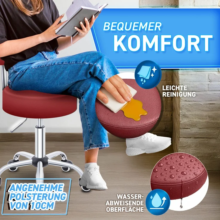 TRESKO Rollhocker mit Lehne, Chrom/Kunstleder weinrot, (60-80) x 47x47 cm – Bild 4