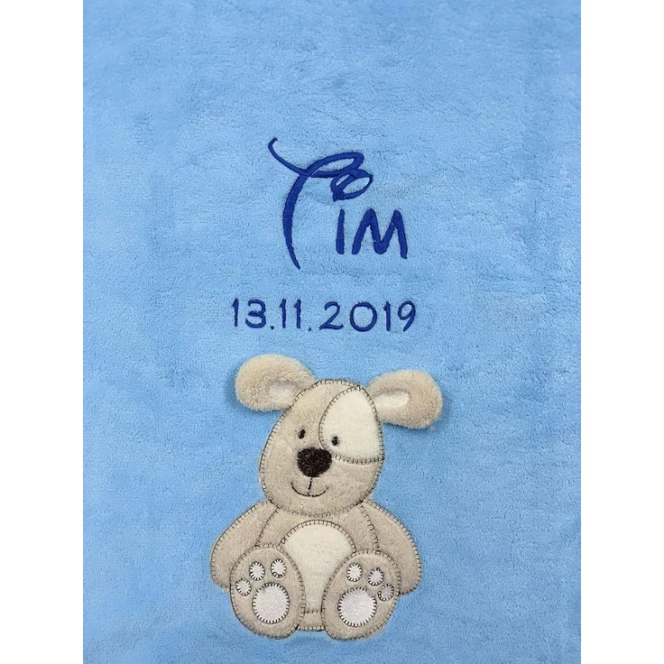 KIDDI-MEDIA Babydecke mit Name und Geburtsdatum Bestickt/kuschelig weich / 1A Qualität (Hellblau - Dog)