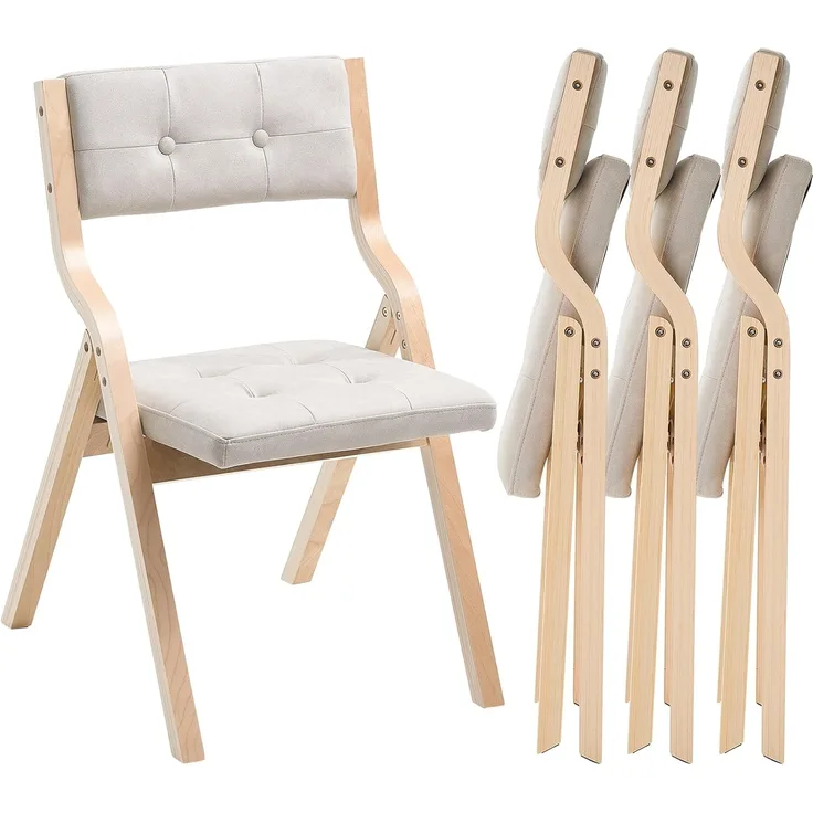 VEVOR Klappstuhl Gartenstuhl mit gepolstertem Kissen & Holzrahmen 4 STK. moderner Esszimmerstuhl für Küche Büro Party, Küchenstuhl bis 180 kg belastbar (pro) faltbar Beige + weiß platzsparend