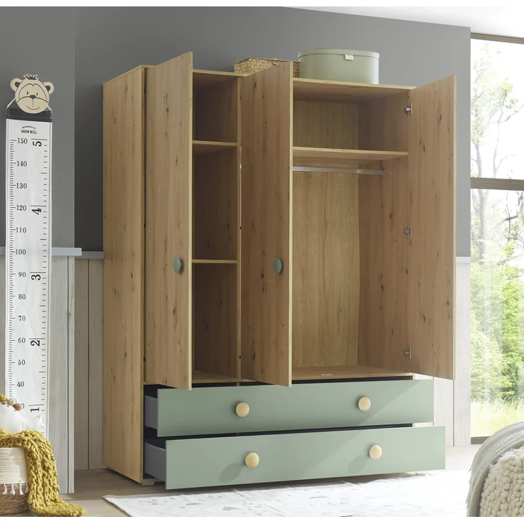 Kleiderschrank >Birta< 2 Schübe, 3 Türen, Artisan Eiche Dekor /Salbei - 153,8x200x58,2 (BxHxT) – Bild 9