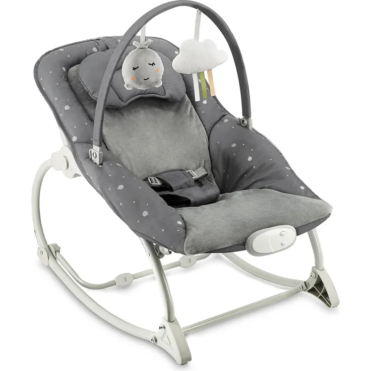 MoMi Babywippe LAPIS für Babys bis 12 kg, Batteriebetrieb, 3-Punkt-Sicherheitsgurt, Bügel und 2 Spielzeuge, 3-fach verstellbare Rückenlehne, 8 Melodien, Lautstärkeregelung, 3 Vibrationsmodi