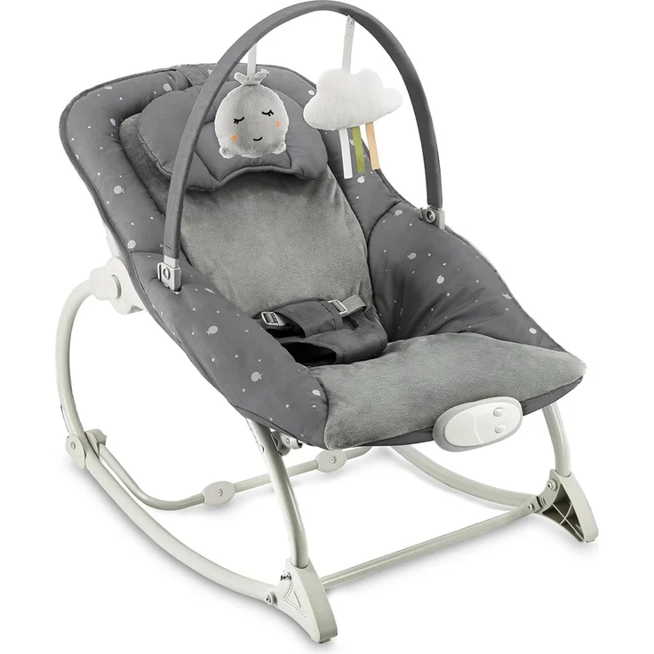 MoMi Babywippe LAPIS für Babys bis 12 kg, Batteriebetrieb, 3-Punkt-Sicherheitsgurt, Bügel und 2 Spielzeuge, 3-fach verstellbare Rückenlehne, 8 Melodien, Lautstärkeregelung, 3 Vibrationsmodi