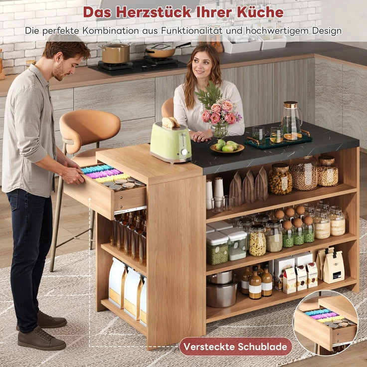 Merax 140×60×90 cm Kücheninsel Bartheke, Bartisch, Esstisch, 5 Ebenen Stauraum & versteckte Schublade, verdickte Tischplatte, Eiche & Schwarz – Bild 3