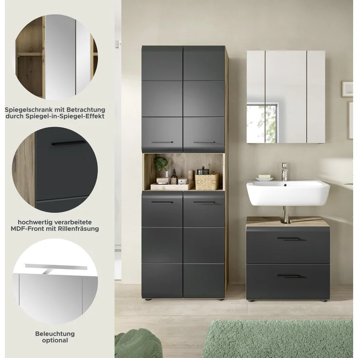 Badkombination (B/H/T: 135x185x30 cm) in schwarz matt und Nox Oak Nachbildung – Bild 8