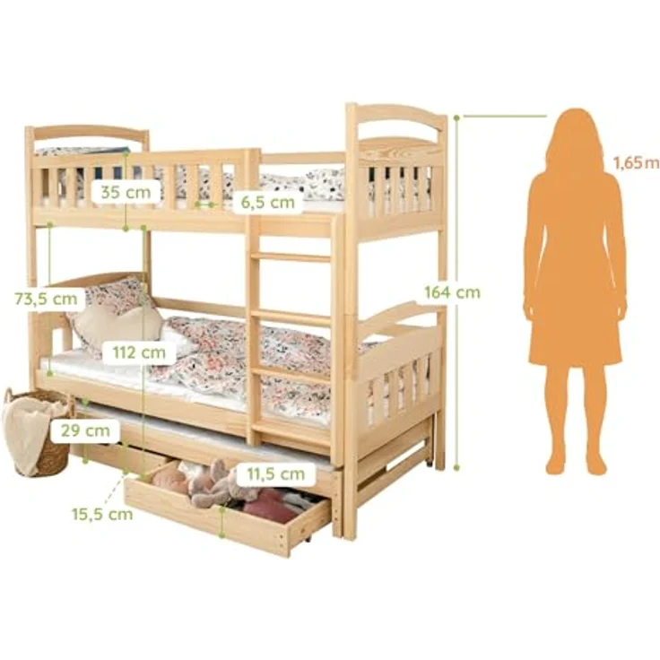 Kids Collective Etagenbett Hochbett Kinderbett 90x200 cm mit Lattenrost und Rausfallschutz, mit Ausziehbett, zwei Schubladen und drei Matratzen, natur – Bild 3