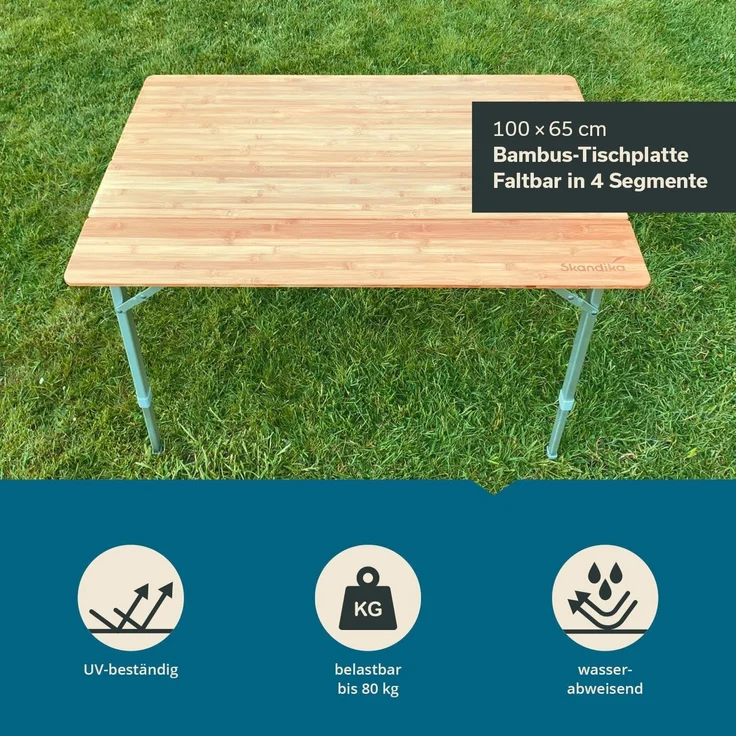 Skandika Campingtisch Tolja Bambus Falttisch mit Netzablage, 3-Fach höhenverstellbar (Netzablage (Klettbefestigung), Verstellbare Füße), Tragetasche, wetterfest, UV-beständig, Klapptisch für Garten, Balkon – Bild 3