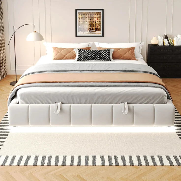 EINHOM Polsterbett 180 x 200 cm, ohne Kopfteil, mit LED-Lichtleiste (Einfarbig), Hydraulischer Schwebebettrahmen mit Stauraum, Einzelbett, Jugendbett, Beige (Ohne Matratze) – Bild 4