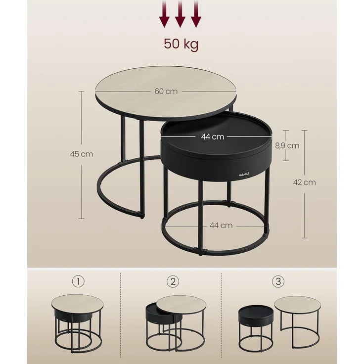 VASAGLE Couchtisch (Set, 2er Set), Beistelltisch für Wohnzimmer, Satztisch, versteckter Stauraum – Bild 2