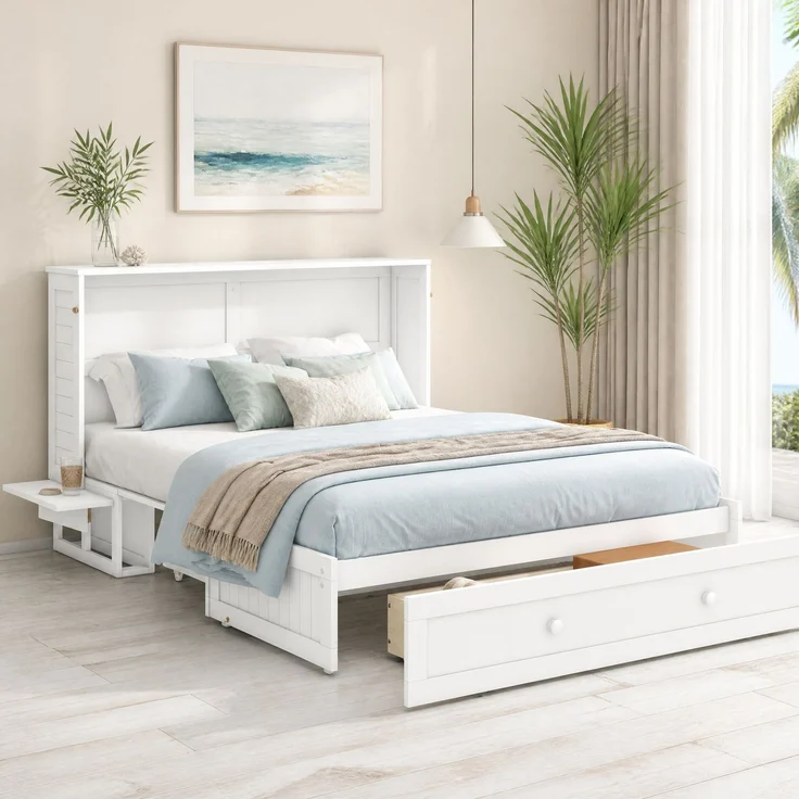 CHICFURN Bett aus Kiefernholz und MDF Weiß 140x200 cm, klappbar mit Schublade und Regalen – Bild 1