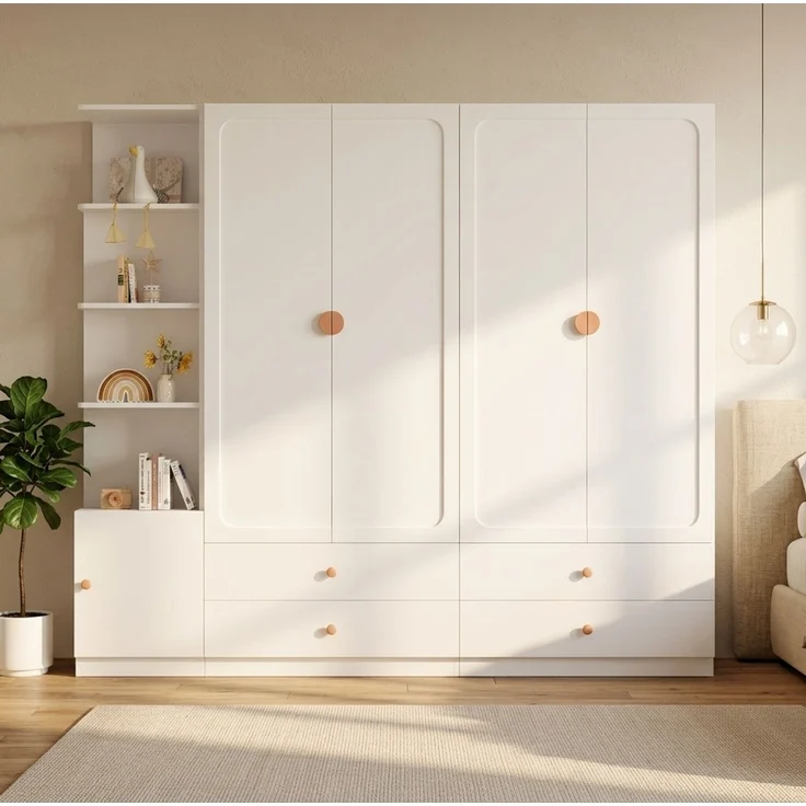 Kleiderschrank 225 x 45 x 200 cm in Weiß mit 3 Kleiderstangen und 4 Schubladen – Bild 3