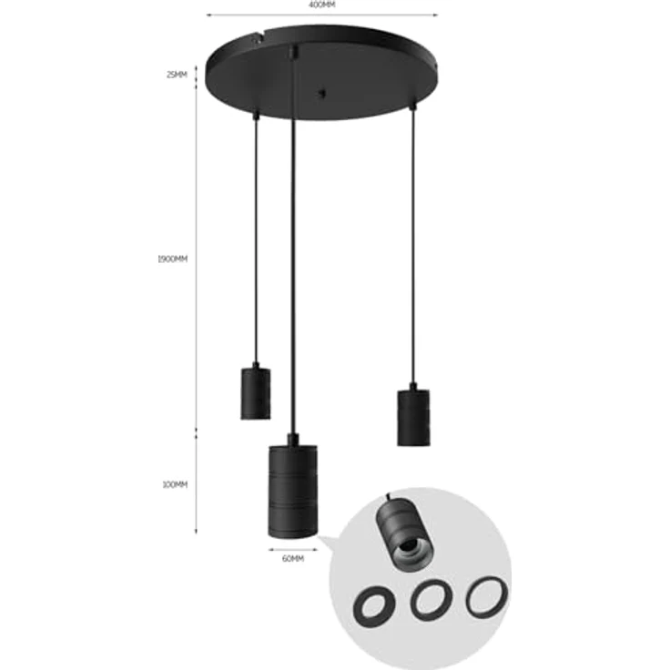 Calex Retro Pendelleuchte, eckig, 3-flg., schwarz, dimmbar mit E27-Fassung – Bild 3